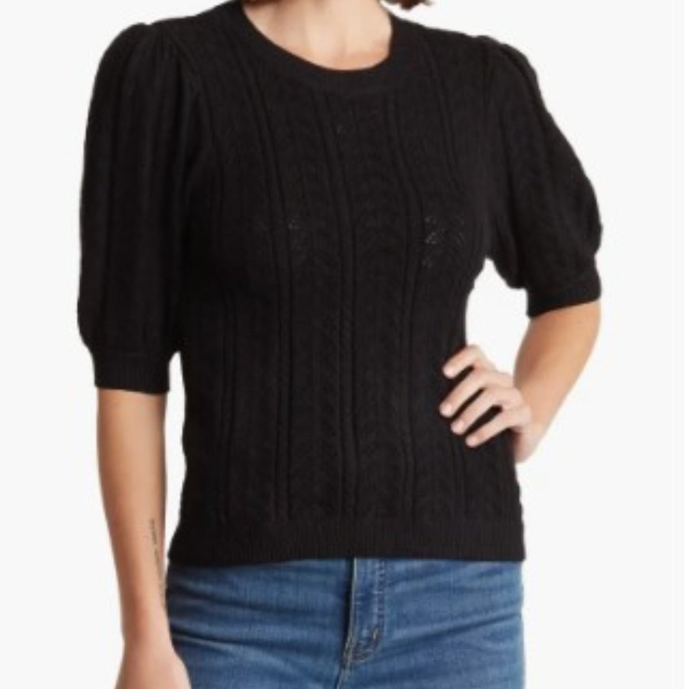 Tahari Size Medium Balloon Sleeve Pointelle Black, Puff Sleeve Sweater NWT